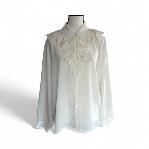 Vintage Kathy Che White Blouse Size 12 Lace Applique Collar Button Down Top - Picture 1 of 9
